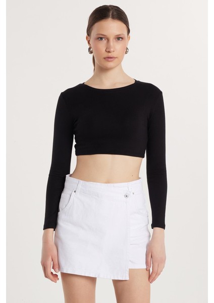 Kadın Slim Fit Modal Kumaş Pamuklu Bisiklet Yaka Siyah Bluz fırsatları
