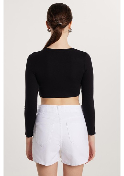 Kadın Slim Fit Modal Kumaş Pamuklu Bisiklet Yaka Siyah Bluz indirimleri