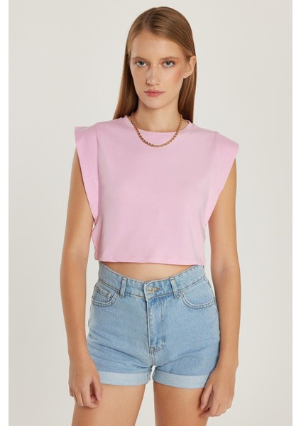 Kadın Slim Fit Dar Kesim Sıfır Kollu Bisiklet Yaka Pembe Bluz