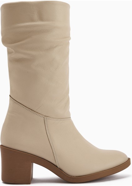 Sahara Hakiki Deri Bej Körüklü Fermuarlı Kadın Çizme