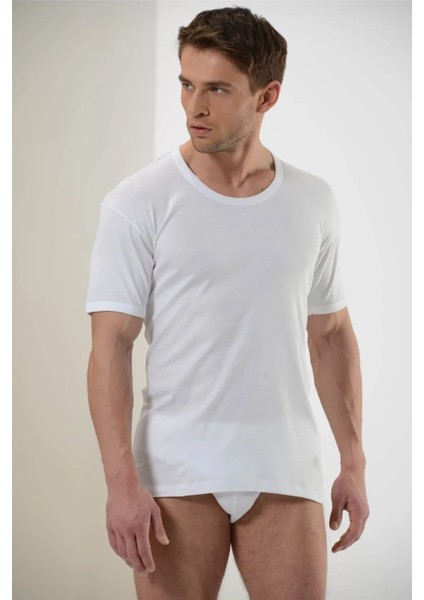 132X6 Erkek 6'lı Penye Ribana Yarım Kol Bisiklet Yaka Atlet-Beyaz