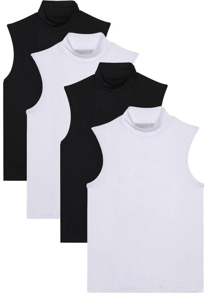 Kadın 4'lü Paket Siyah-Beyaz Regular Fit Viskon Kumaş Balıkçı Yaka Sıfır Kol Bluz