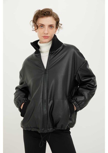 Ribana Yakalı Deri Mont Siyah K2317503_001 fırsatları