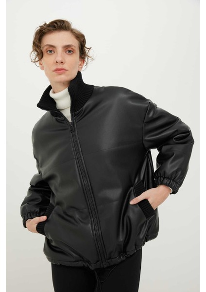 Ribana Yakalı Deri Mont Siyah K2317503_001