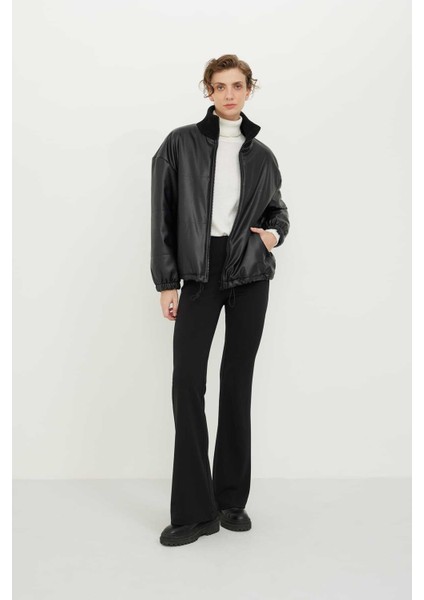 Ribana Yakalı Deri Mont Siyah K2317503_001