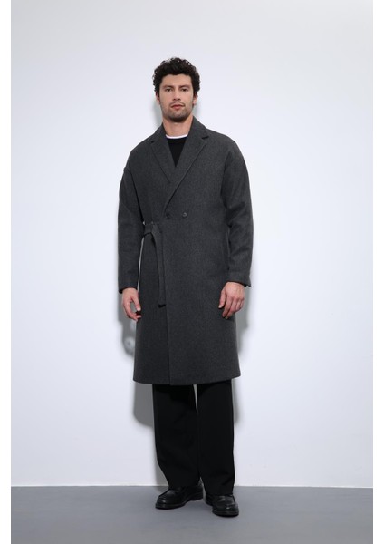 Antrasit Kuşaklı Oversize Erkek Kaban