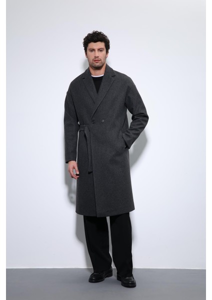 Antrasit Kuşaklı Oversize Erkek Kaban