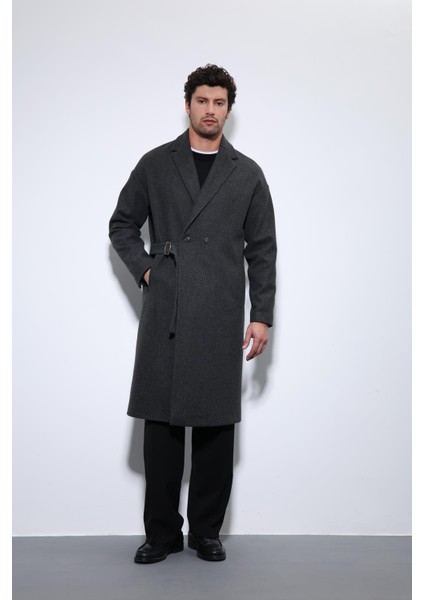 Antrasit Kuşaklı Oversize Erkek Kaban