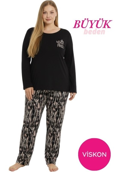 Kadın Büyük Beden Desenli Bisiklet Yaka Mevsimlik Likra Viskon Uzun Kollu Pijama Takımı