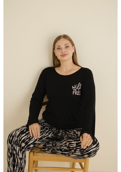 Kadın Büyük Beden Desenli Bisiklet Yaka Mevsimlik Likra Viskon Uzun Kollu Pijama Takımı modelleri