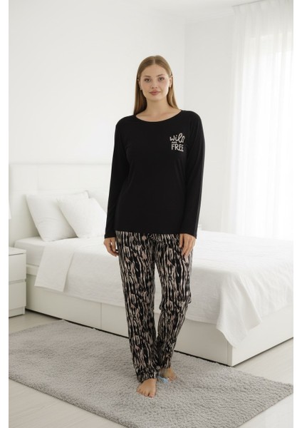 Kadın Büyük Beden Desenli Bisiklet Yaka Mevsimlik Likra Viskon Uzun Kollu Pijama Takımı