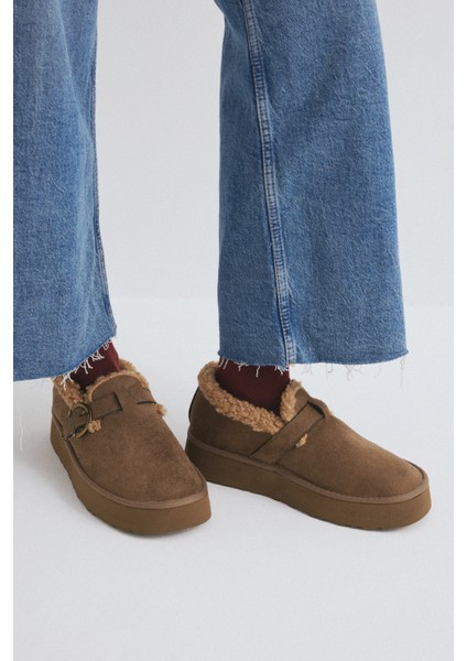 Bot 2524 - İçi Kürklü Eskitme Tokalı Vizon Süet Kadın Bot indirimleri