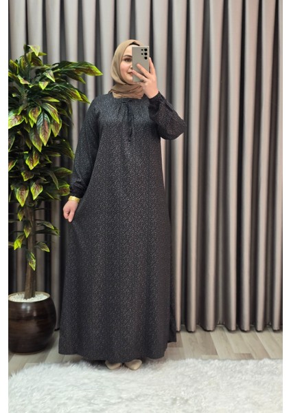 Kadın Tesettür Giyim Büyük Beden Yarım Robalı Çıtır Desen Elbise