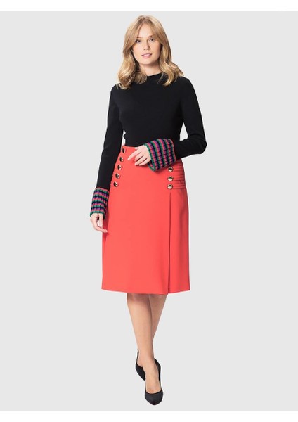 %100 Yün Düğme Detaylı Etek Kırmızı K1815049_006