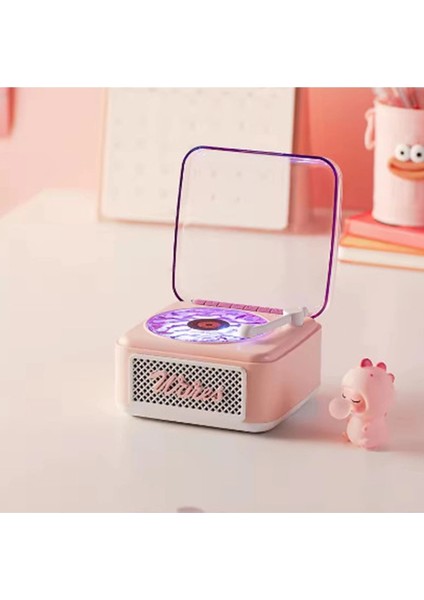 Nostalji Mini Plak Görünümlü Radyolu Bluetooth Hoparlör 3D Ses Dalgası Retro Müzik Plak Pembe modelleri