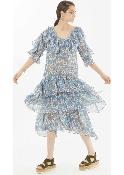 Çiçek Desenli Elbise Mavi Y9911016_036