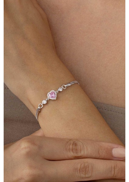 Pembe Taşlı Kalp Gümüş Su Yolu Bileklik