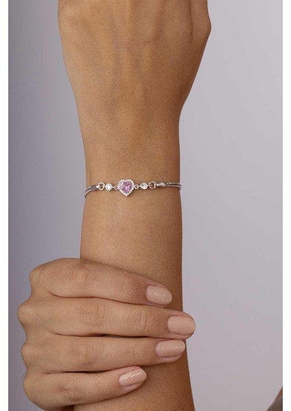 Pembe Taşlı Kalp Gümüş Su Yolu Bileklik fiyatları