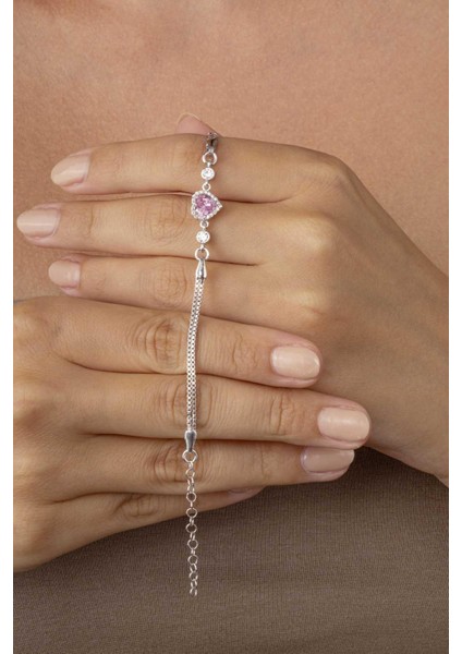 Pembe Taşlı Kalp Gümüş Su Yolu Bileklik modelleri