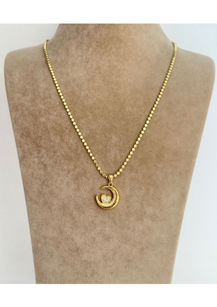 Çelik Hilal 14K Kaplama Kalpli Kolye