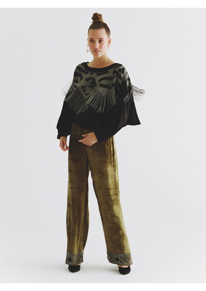 Püskül Detaylı Geniş Yaka Kazak Standart Renk K2064105_089