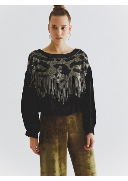 Püskül Detaylı Geniş Yaka Kazak Standart Renk K2064105_089 modelleri