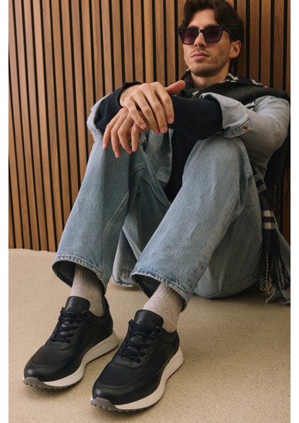, Erkek Hakiki Deri Sneaker 1531026Z290 Lacivert