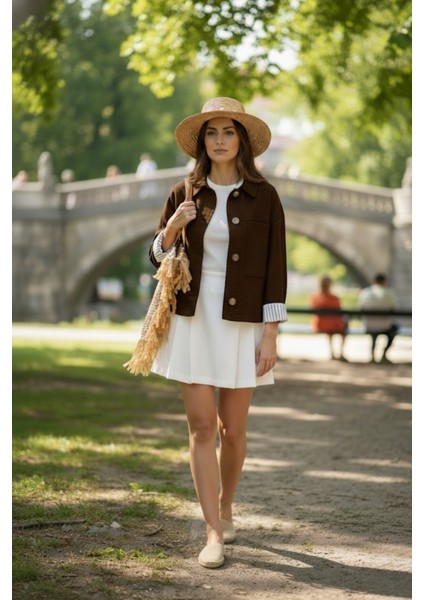 Kadın Premium Kalite Kol Detaylı Astarlı Kahverengi Ceket