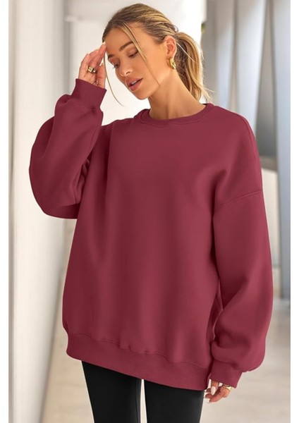 Genıus Store Kadın Sweatshirt Oversize Geniş Kalıp Içi Şardonlu Bisiklet Yaka Oversize sweatshirt Kadın-Sweatshırt
