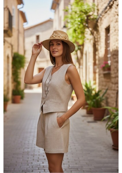 Kadın %100 Keten Şort Yelek Takım fiyatları