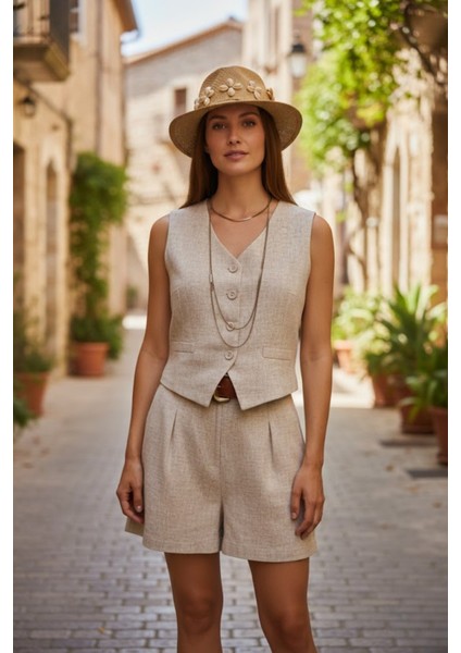 Kadın %100 Keten Şort Yelek Takım