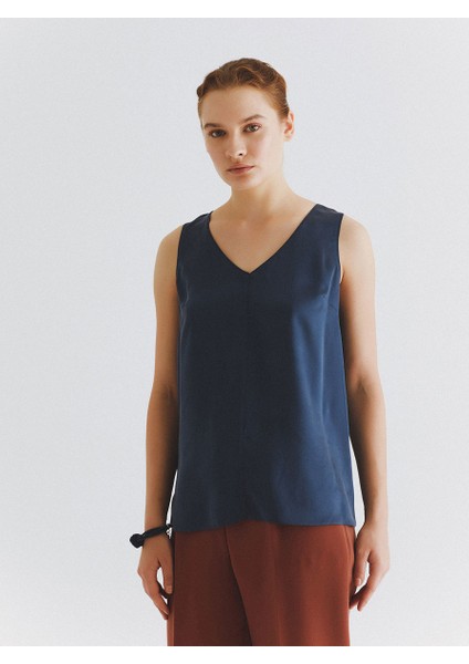 %100 İpek Kol Detaylı Bluz Lacivert K2013129_015