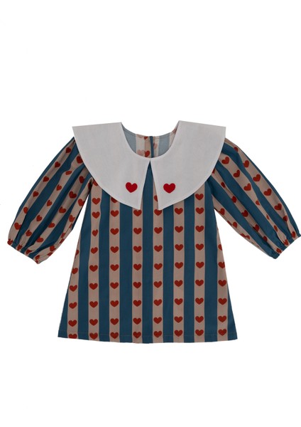 Tiny Hearts Bebe Yakalı Kırmızı Kalpli Uzun Kollu Kız Çocuk Elbise