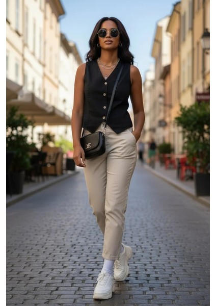 Kadın Bleach Yıkama Lyocell İnce Denim Kumaş Siyah Yelek