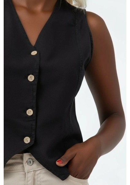 Kadın Bleach Yıkama Lyocell İnce Denim Kumaş Siyah Yelek