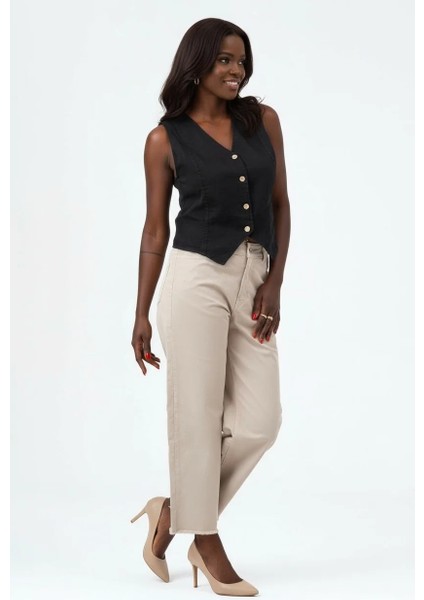 Kadın Bleach Yıkama Lyocell İnce Denim Kumaş Siyah Yelek