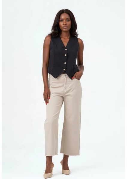 Kadın Bleach Yıkama Lyocell İnce Denim Kumaş Siyah Yelek modelleri