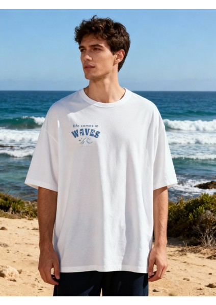 Ocean Glow T-Shirt Oversize Beyaz %100 Pamuklu Unisex modelleri