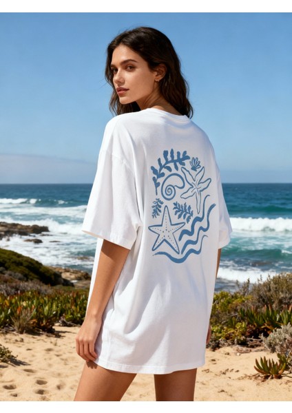 Ocean Glow T-Shirt Oversize Beyaz %100 Pamuklu Unisex fırsatları