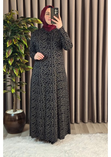 Kadın Tesettür Giyim Büyük Beden Anne Leopar Desen Elbise