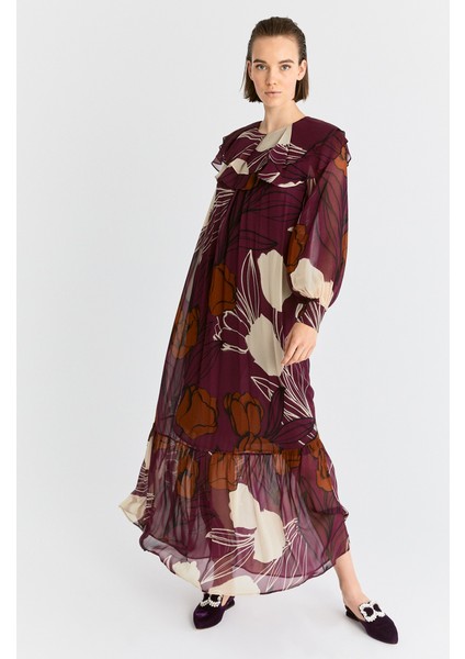 Yakası Volanlı Uzun Desenli Şifon Elbise Standart Renk K2011073_089