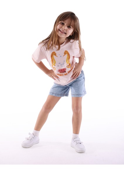 Organik Pembe Baskılı Yazlık Kız Çocuk Tshirt