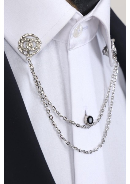 Gümüş Renk Halka Desen Beyaz Taşlı Zinciri Gömlek Yaka Broşu fiyatları
