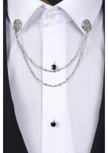 Gümüş Renk Halka Desen Beyaz Taşlı Zinciri Gömlek Yaka Broşu modelleri