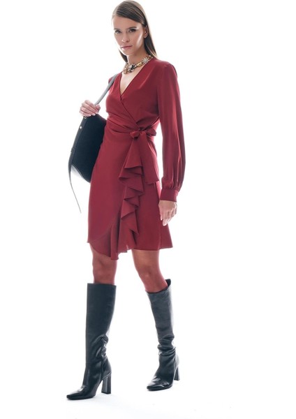 Kruvaze Eteği Volanlı Mini Elbise