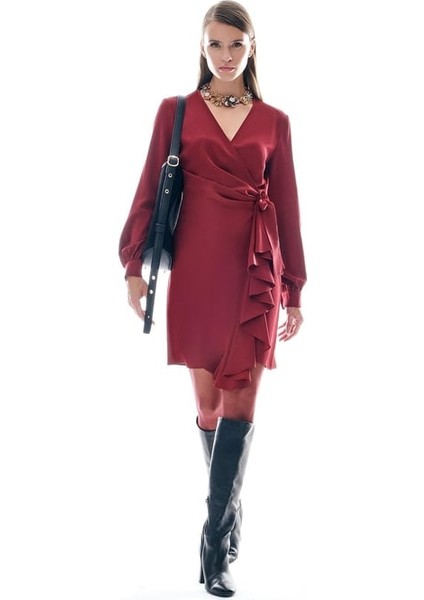 Kruvaze Eteği Volanlı Mini Elbise fiyatları