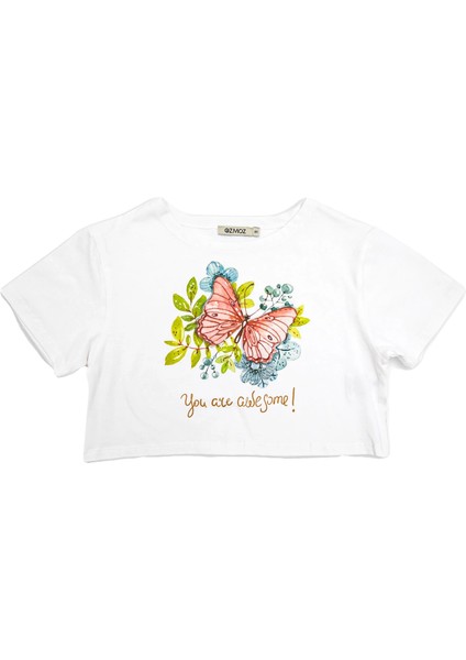 Organik Kelebek Baskılı Yazlık Kız Çocuk Crop Tshirt fiyatları
