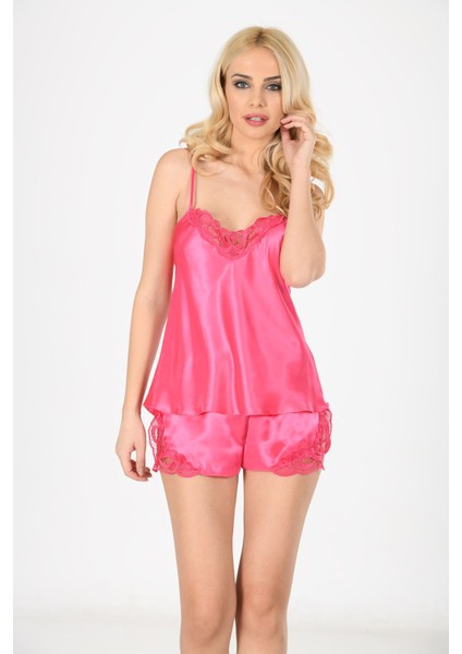 Fuşya Saten Babydoll Şortlu Takım