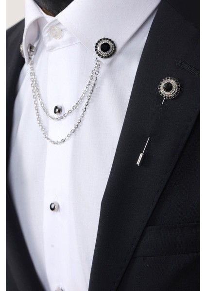 Siyah Taşlı Gömlek Yaka & Uzun Iğneli Taşlı Broş