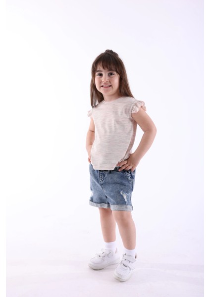 Organik Çizgili Pembe Yazlık Kız Çocuk Tshirt